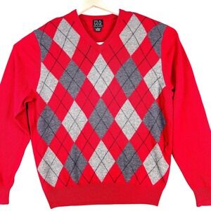 Jos‎ A Bank Sweater Mens Medium Red Gray Argyle V Neck Lambswool Knit Pullover